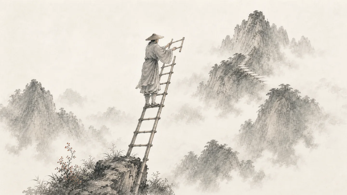 A monk atop a bamboo ladder adds one more rung toward a higher misty peak, illustrating 百尺竿头，更进一步.