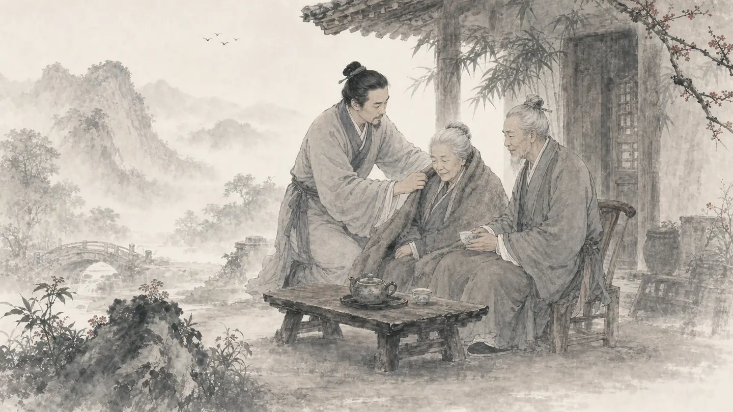An adult child offers tea and gently adjusts warm clothing for elderly parents, illustrating 百善孝为先.