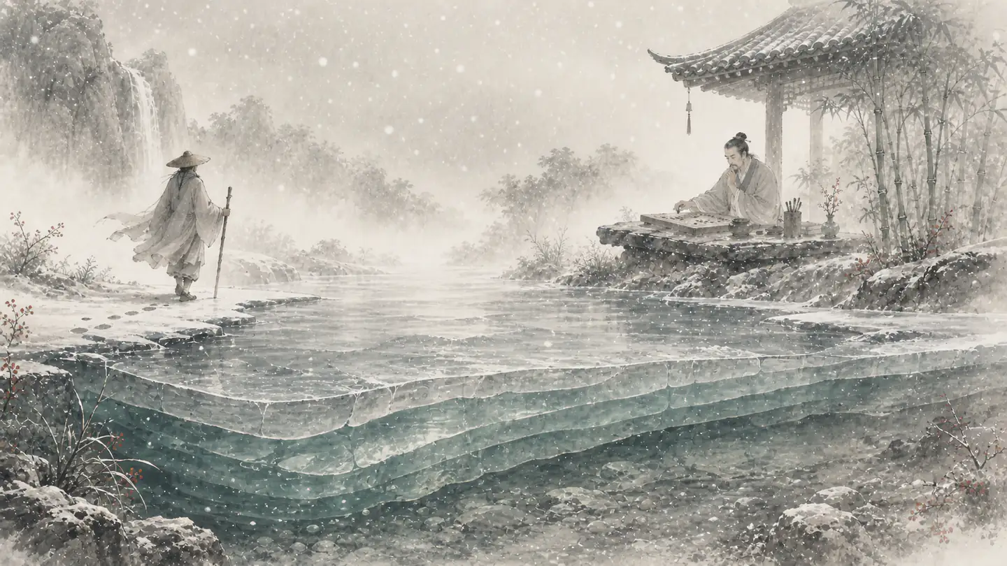 A winter river reveals deep layers of accumulated ice beneath falling snow and distant cliffs, illustrating 冰冻三尺，非一日之寒.