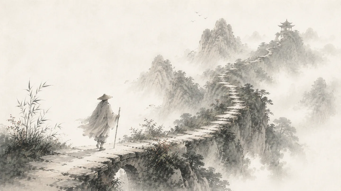 A lone traveler continues across a stone bridge toward a distant mountain pavilion, illustrating 不怕慢，就怕站.
