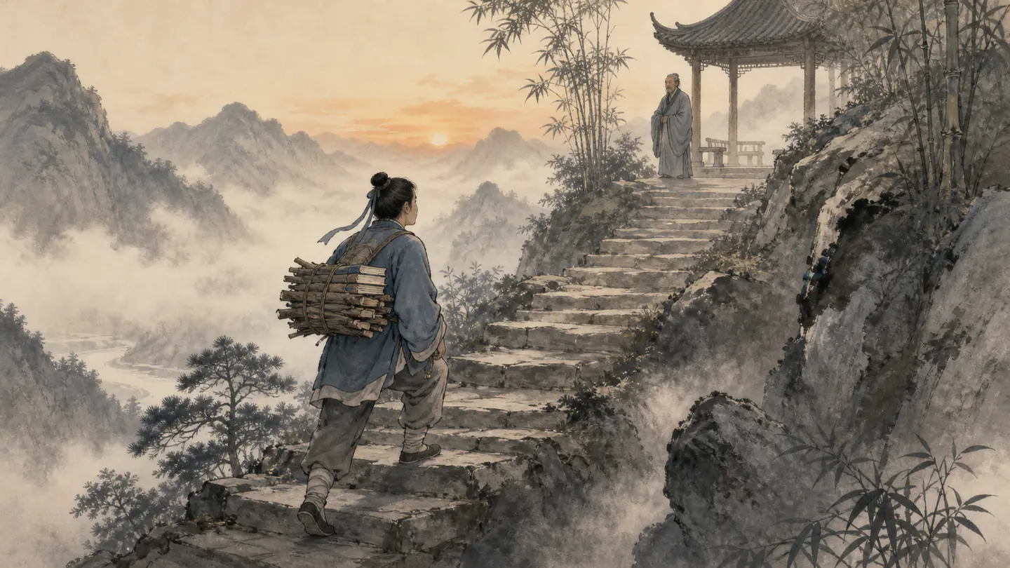 At dawn, a determined learner climbs a long stone path with books and firewood toward a quiet pavilion, illustrating 吃得苦中苦，方为人上人.
