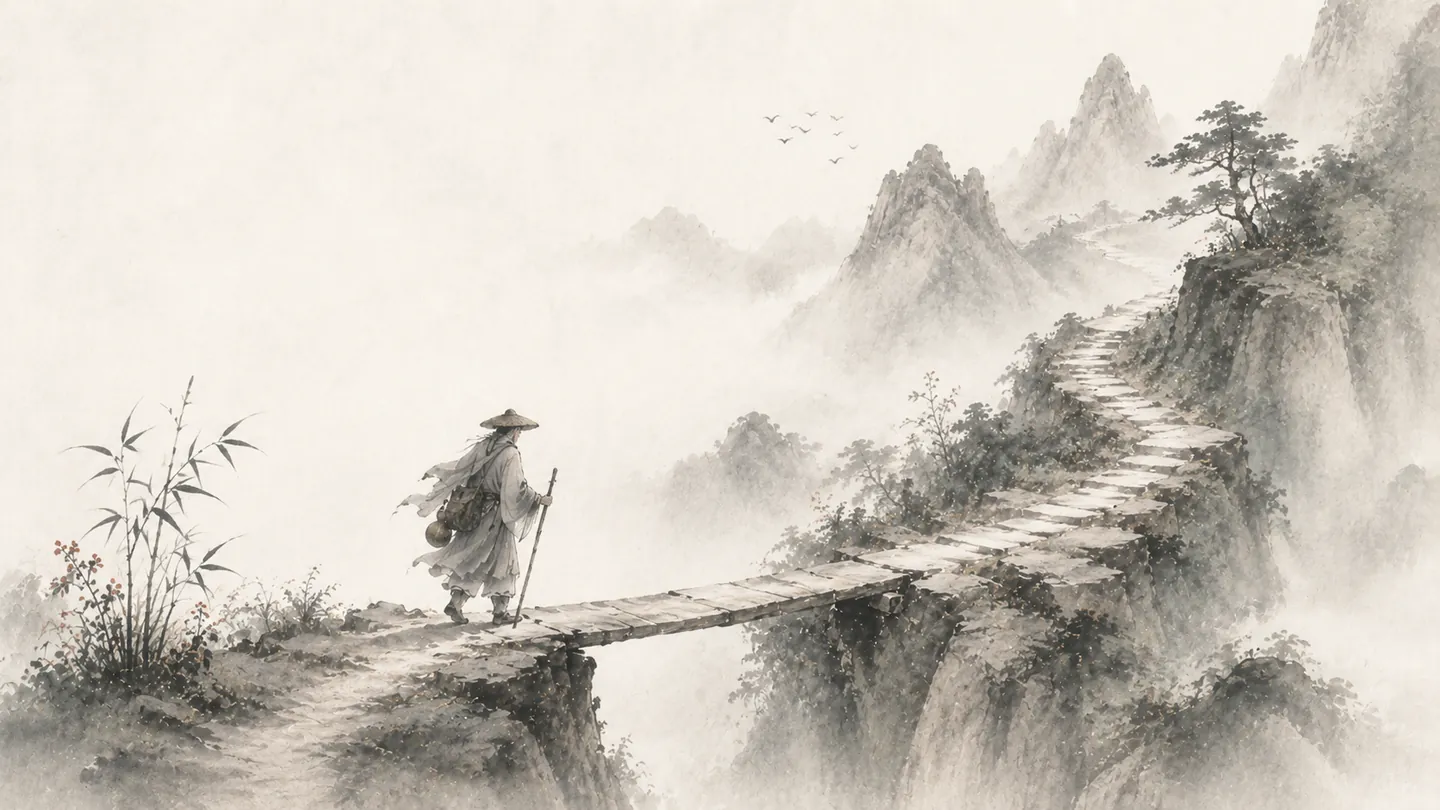 A traveler crosses a broken mountain bridge after a difficult stretch of road, illustrating 吃一堑，长一智.