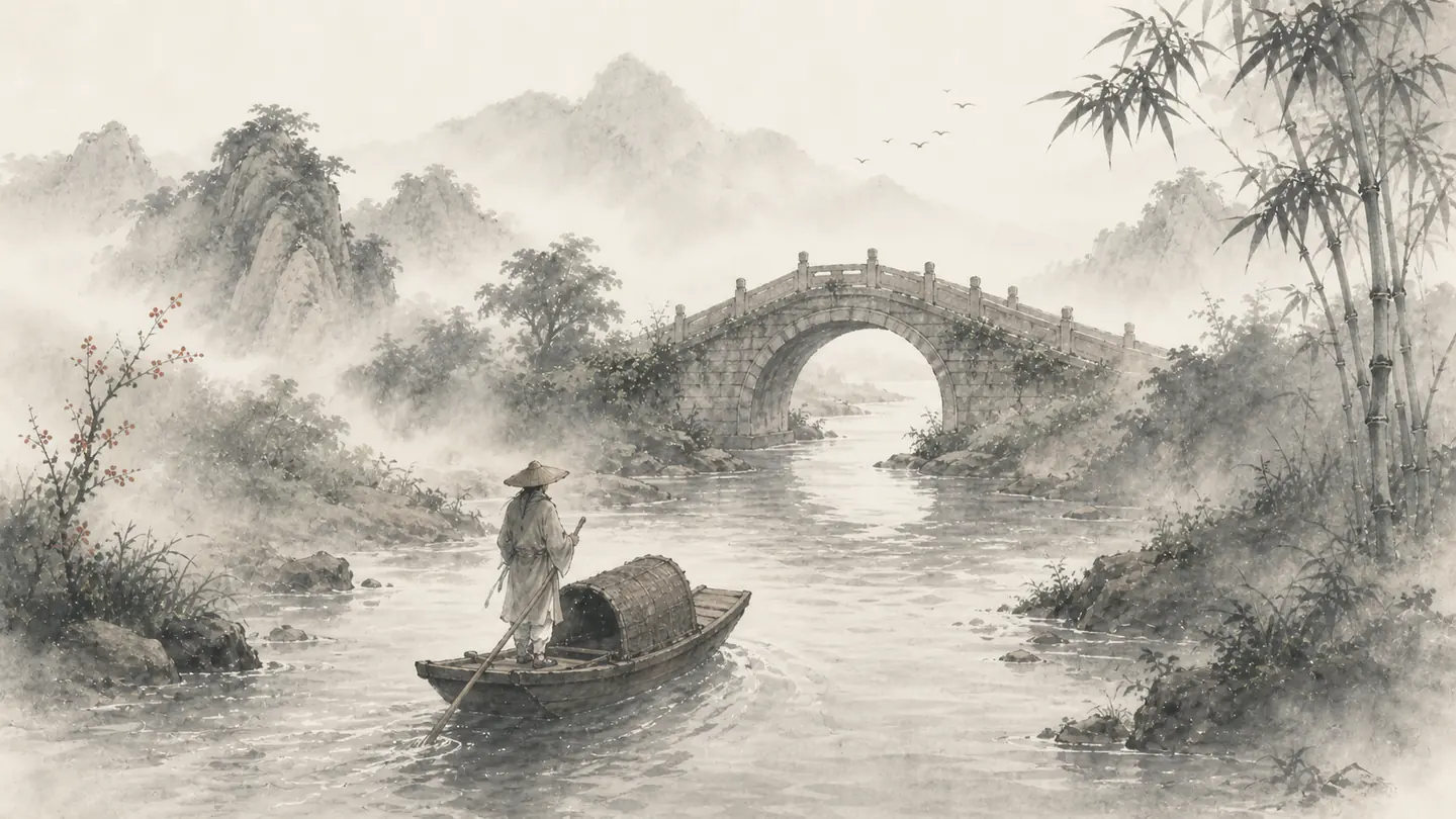 A narrow boat follows a winding river that straightens as it approaches a stone bridge, illustrating 船到桥头自然直.