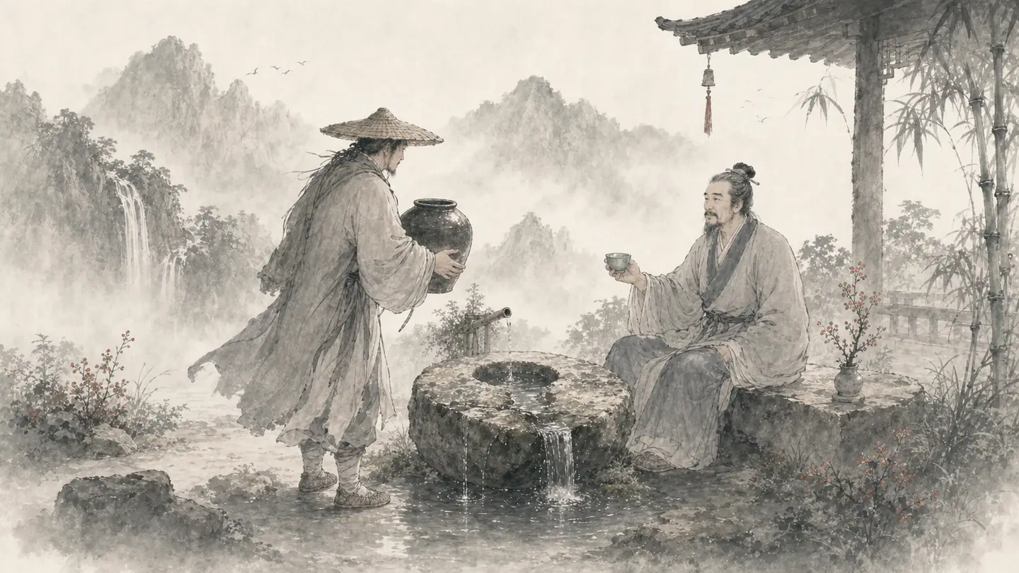 A traveler returns a brimming water jar to an elder holding a small cup beside a spring, illustrating 滴水之恩,当涌泉相报.
