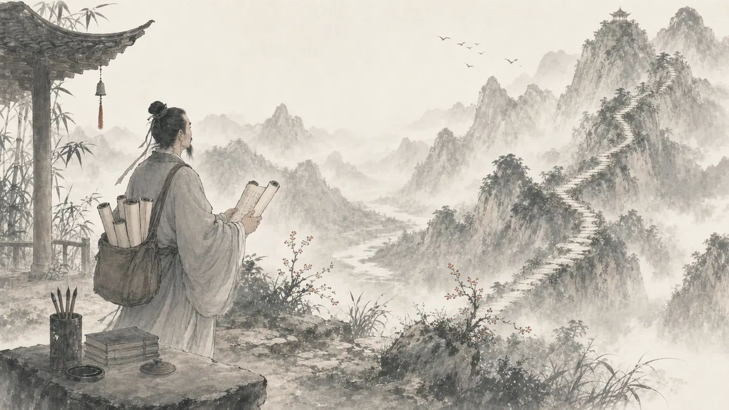 A traveler with a book satchel closes a scroll and looks toward a long road through distant mountains, illustrating 读万卷书,行万里路.