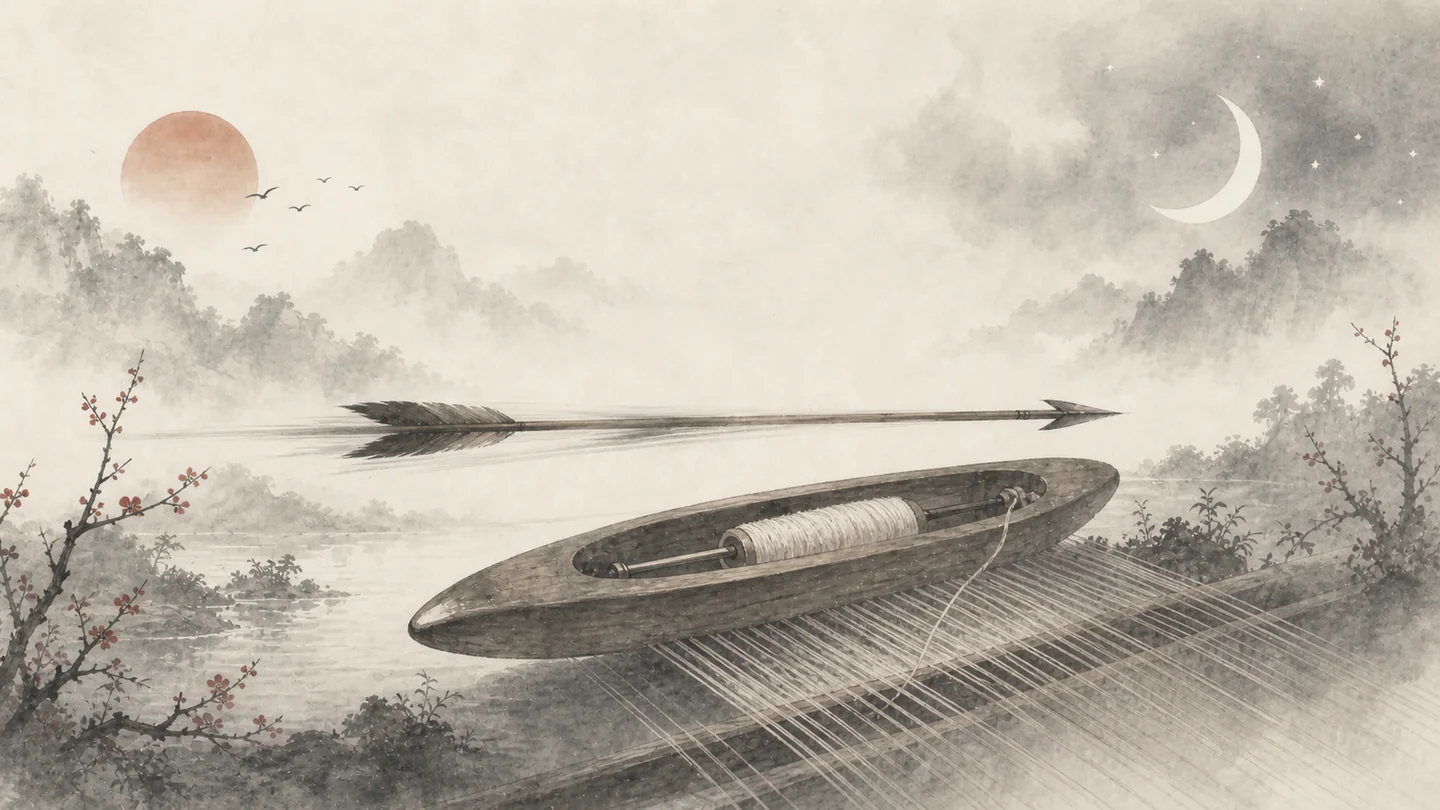An arrow passes a loom shuttle while the sun and moon cross a misty landscape, illustrating 光阴似箭,日月如梭.