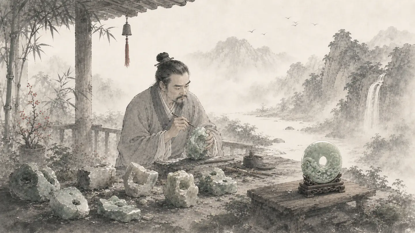 A patient jade artisan works through several discarded attempts before completing an elegant piece, illustrating 好事多磨.