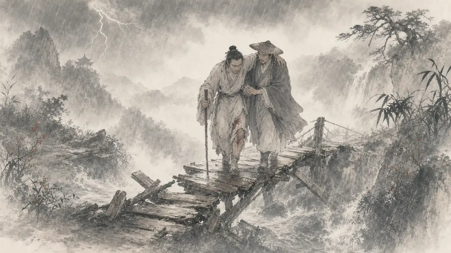 One traveler supports an injured companion across a damaged wooden bridge during a storm, illustrating 患难见真情.