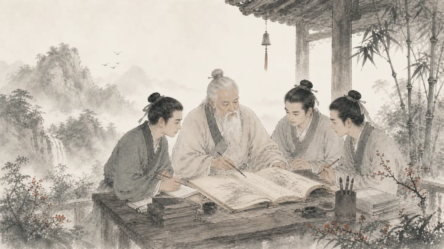 A white-haired scholar studies an open book together with younger students at a shared desk, illustrating 活到老，学到老.