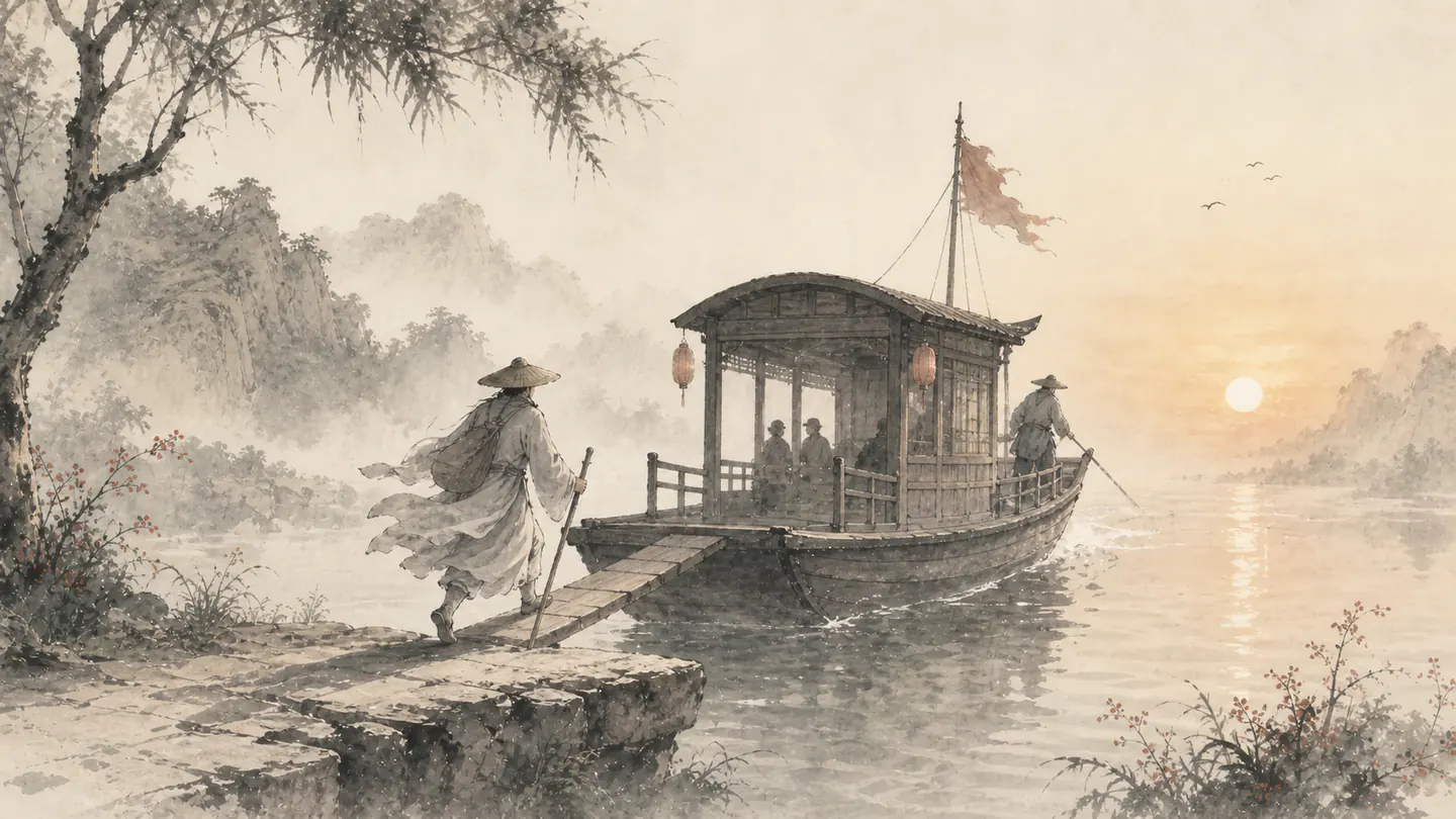 A traveler steps aboard a ferry at sunrise just as it leaves the misty shore, illustrating 机不可失,时不再来.