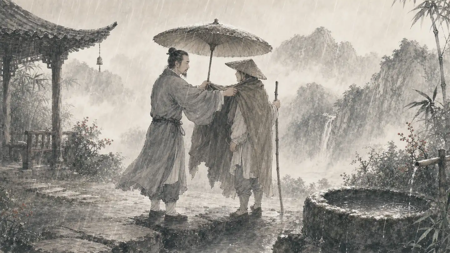 In steady rain, one traveler shares a cloak and umbrella rather than leaving a companion exposed, illustrating 己所不欲,勿施于人.