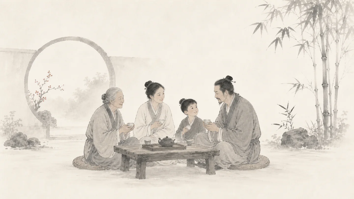 Three generations share tea peacefully around a courtyard table, illustrating 家和万事兴.