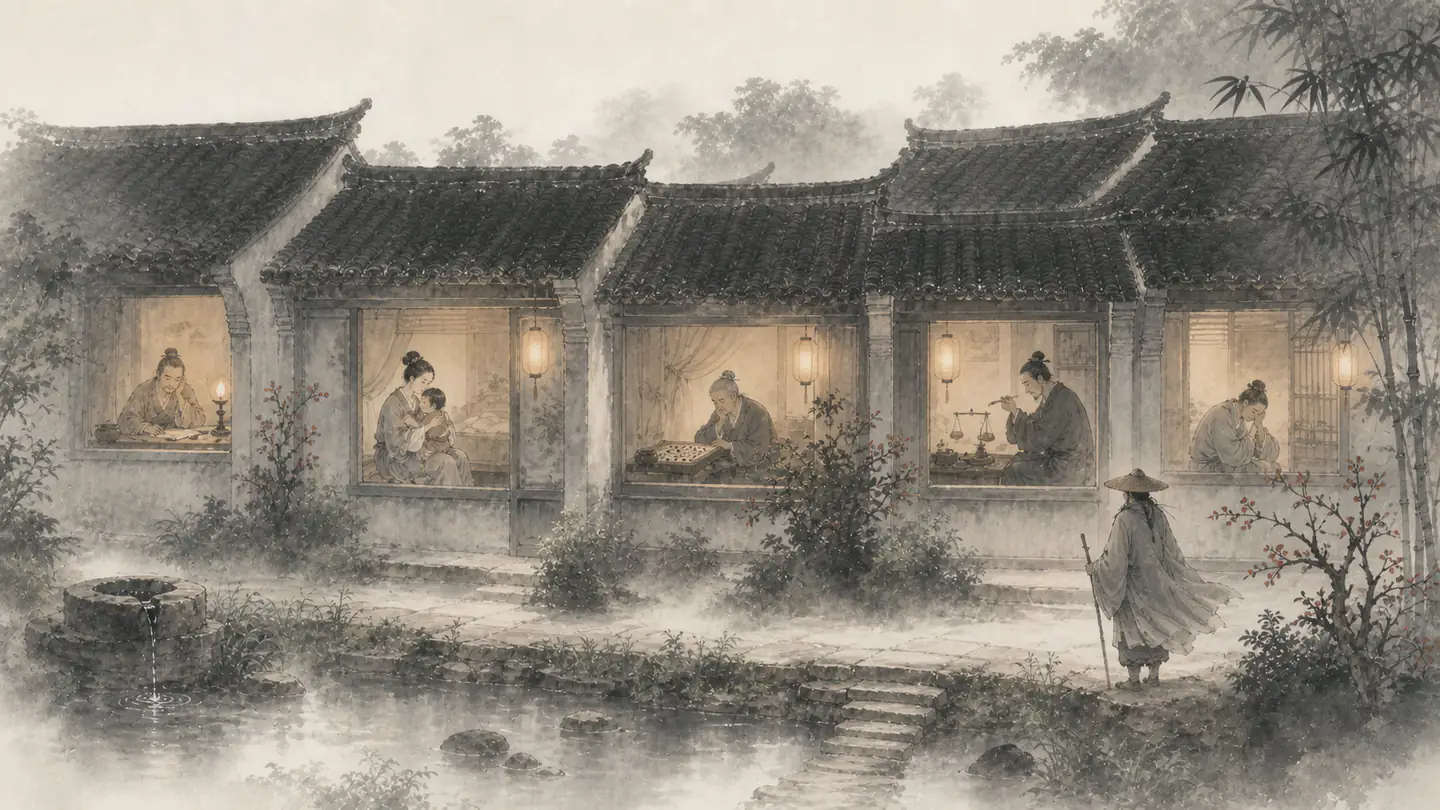 Lantern-lit courtyard homes reveal a different private struggle behind each window, illustrating 家家有本难念的经.