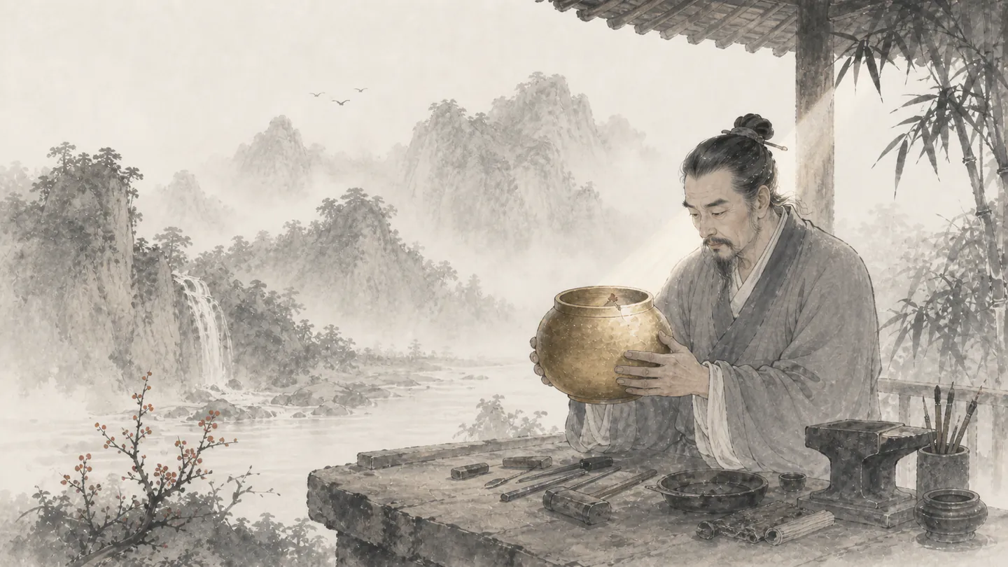 A goldsmith calmly accepts a finished vessel with one small natural imperfection, illustrating 金无足赤，人无完人.