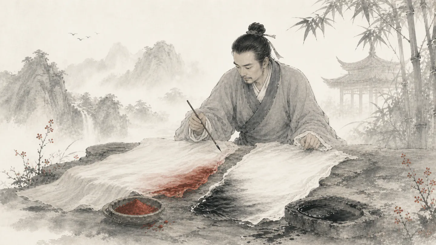 Pale silk absorbs red cinnabar and black ink from the pigments placed beside it, illustrating 近朱者赤,近墨者黑.