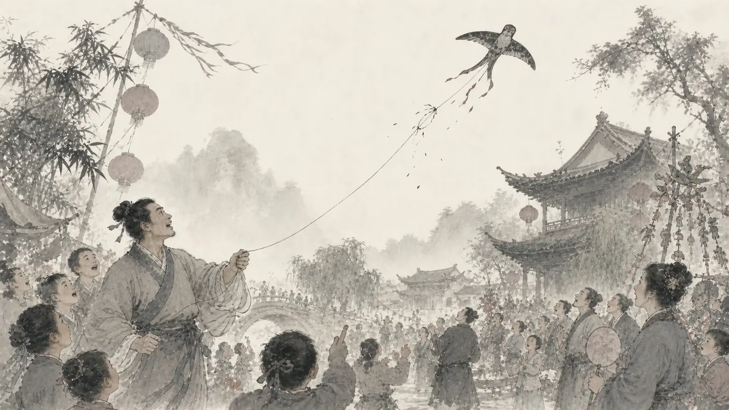 At a lively traditional festival, a kite reaches its highest point as its string begins to snap, illustrating 乐极生悲.