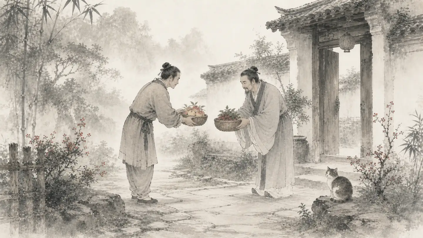 Two neighbors exchange baskets of fruit with respectful bows across a courtyard path, illustrating 礼尚往来.