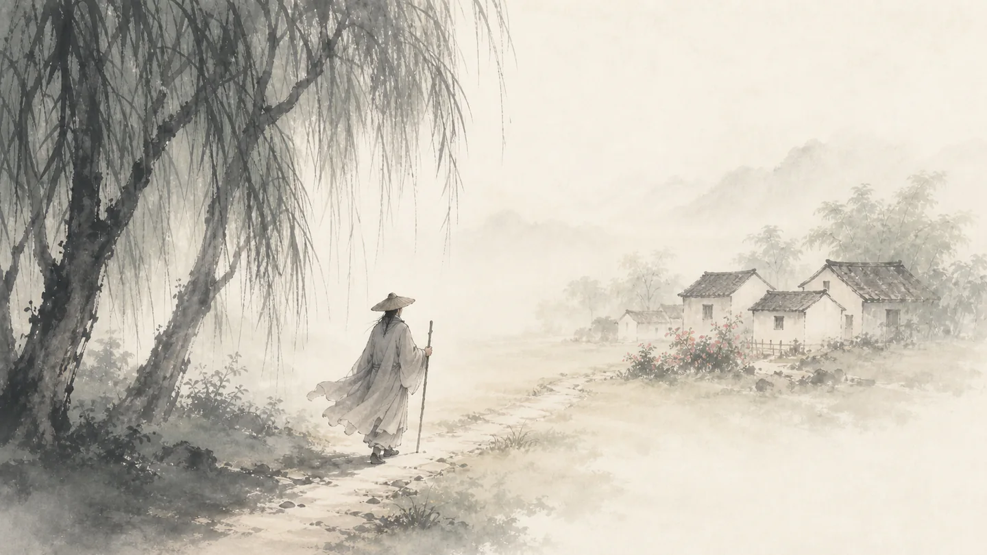 A traveler emerges from dark willow trees into bright flowers and a sunlit village, illustrating 柳暗花明又一村.