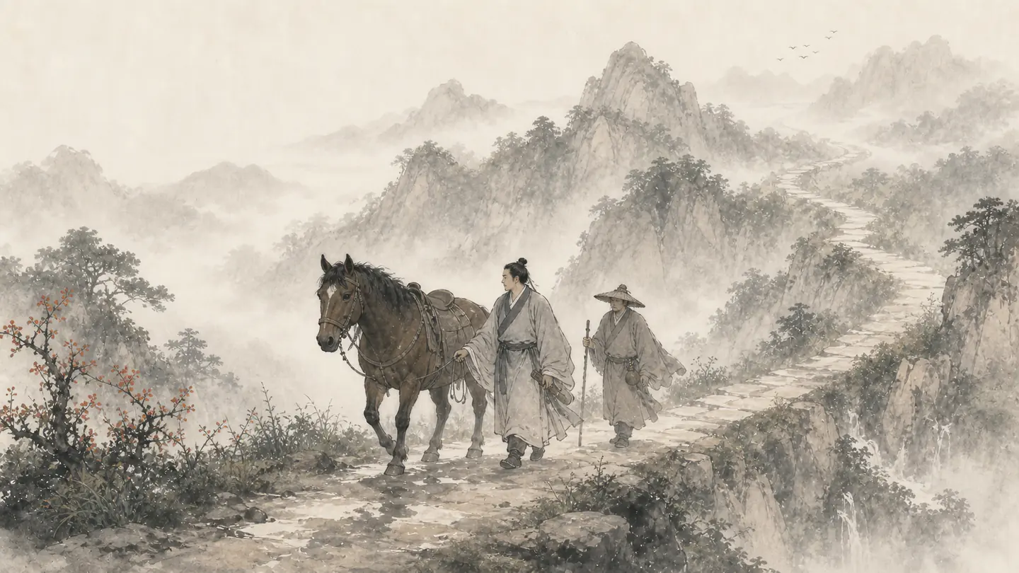 A sturdy horse and two loyal companions continue along a long weathered mountain road, illustrating 路遥知马力,日久见人心.