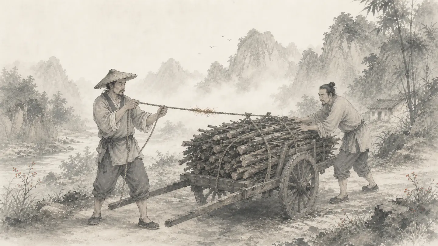 A farmer notices a loaded handcart’s hemp rope beginning to fray at its thinnest worn section, illustrating 麻绳专挑细处断.