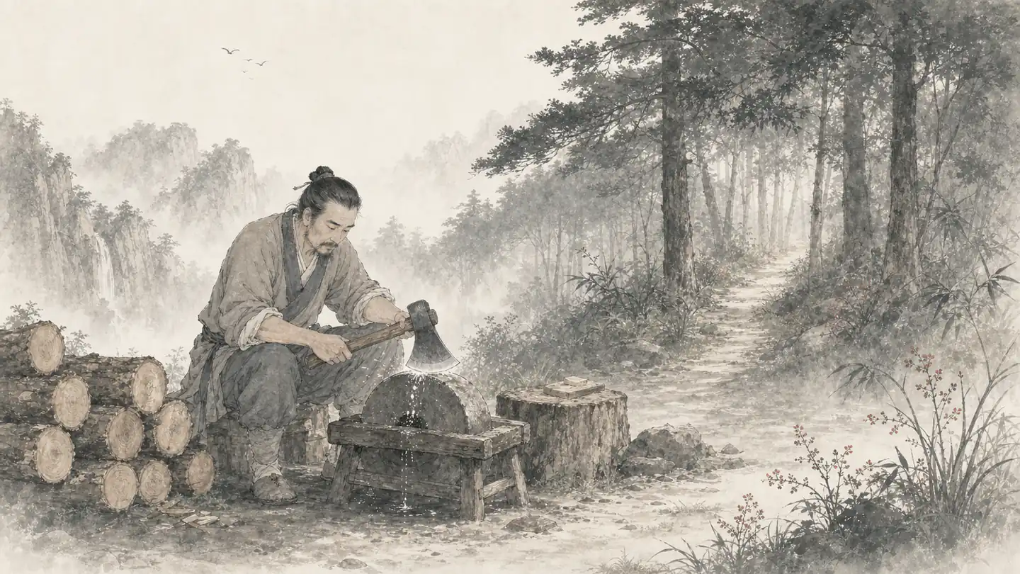 A woodcutter carefully sharpens an axe beside stacked logs before entering the forest, illustrating 磨刀不误砍柴工.