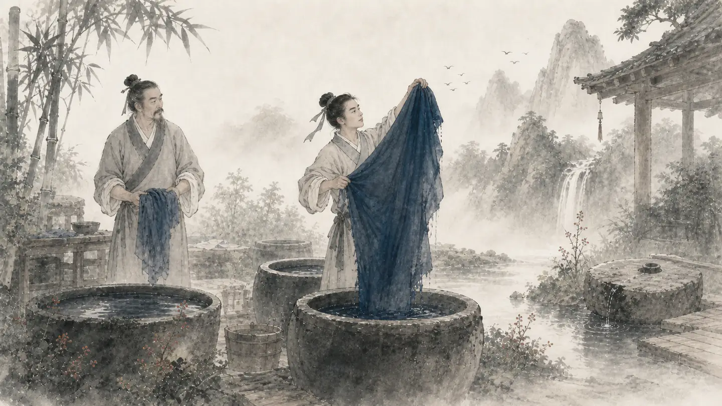 A young dyer lifts cloth of a deeper blue than the teacher's sample beside indigo vats, illustrating 青出于蓝而胜于蓝.