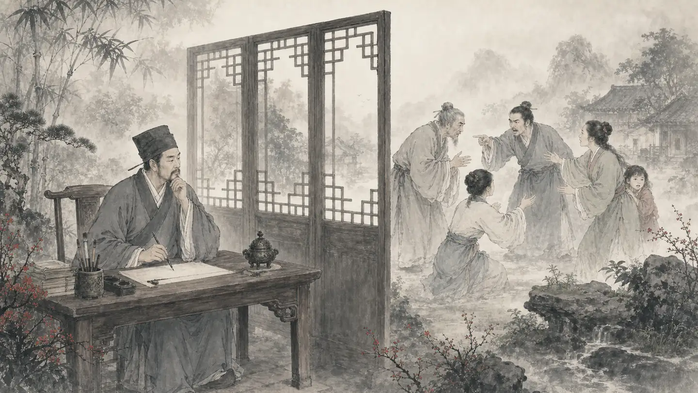 An impartial magistrate considers a layered family dispute unfolding beyond a wooden screen, illustrating 清官难断家务事.