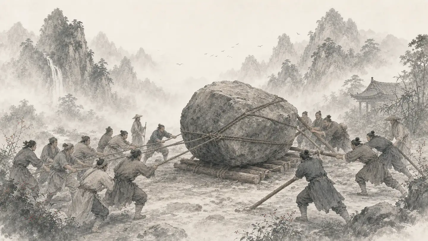 Villagers pull ropes and wooden levers together to move an enormous boulder below Mount Tai, illustrating 人心齐，泰山移.