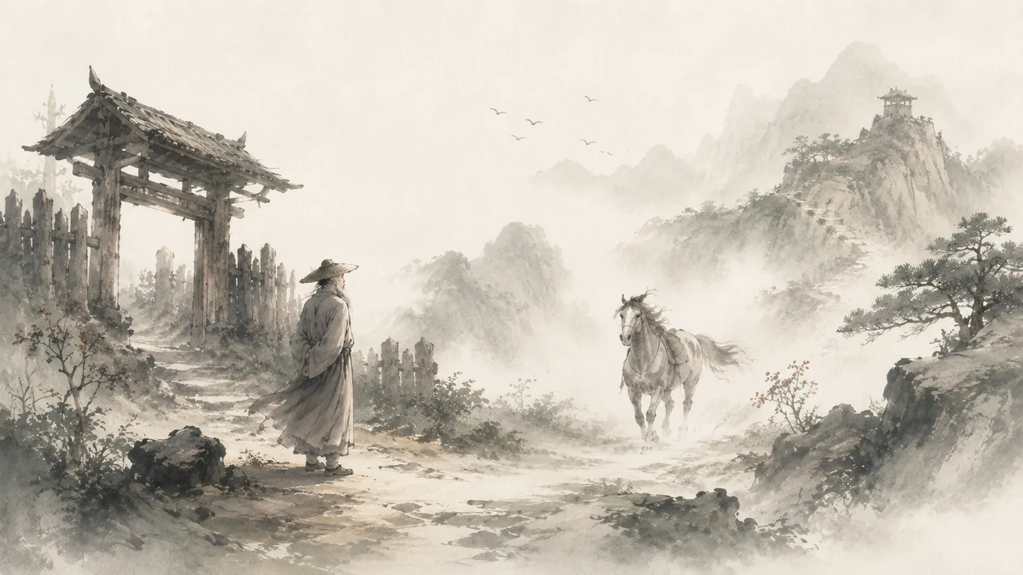 An old frontier man watches a horse return through a mountain pass, illustrating 塞翁失马，焉知非福.