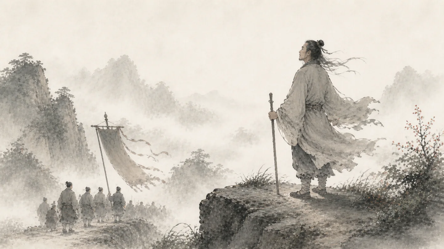 Soldiers carry away a commander’s standard in a misty valley while an ordinary traveler stands unbowed on a windswept ridge, illustrating 三军可夺帅也，匹夫不可夺志也.