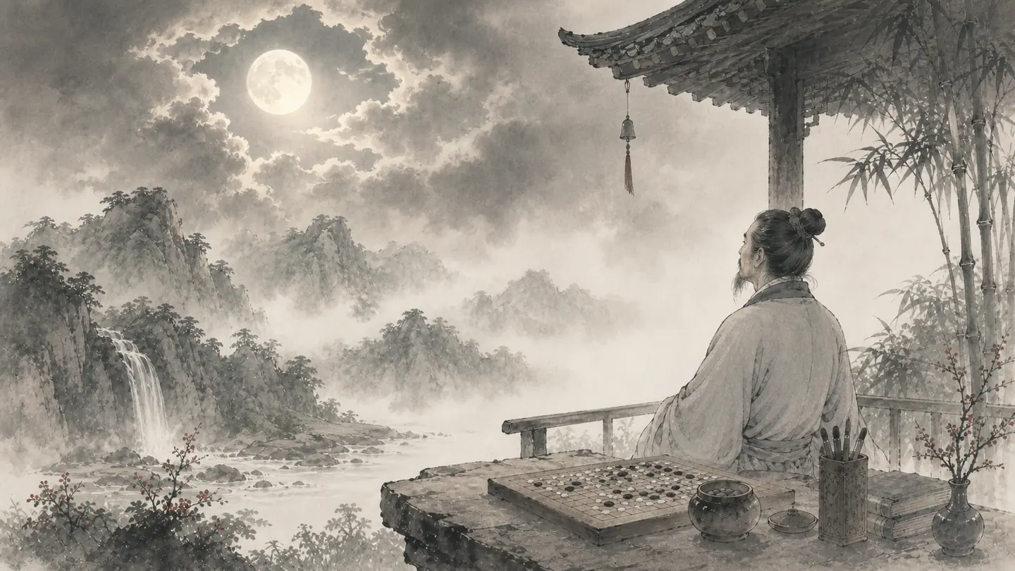 A solitary watcher waits in a pavilion as heavy clouds finally part around a luminous moon, illustrating 守得云开见月明.