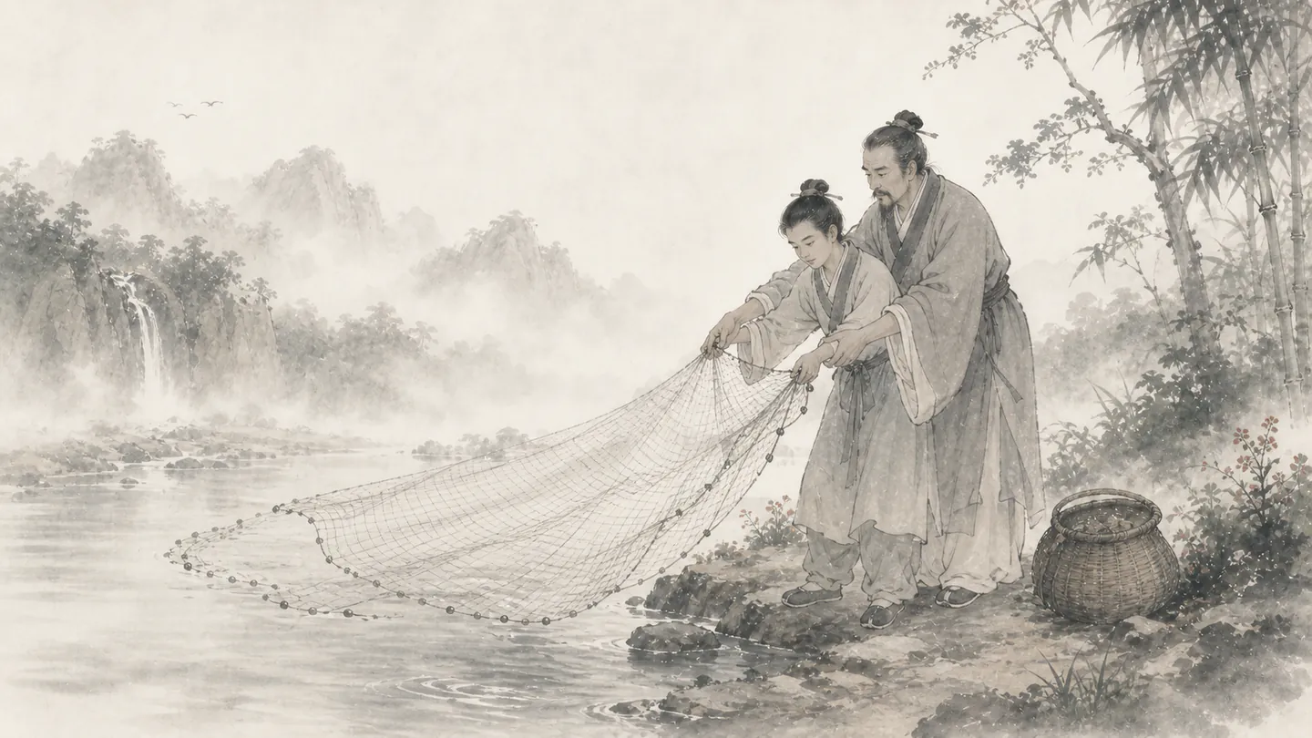 An elder teaches a young learner to cast a fishing net beside a misty river, illustrating 授人以鱼,不如授人以渔.