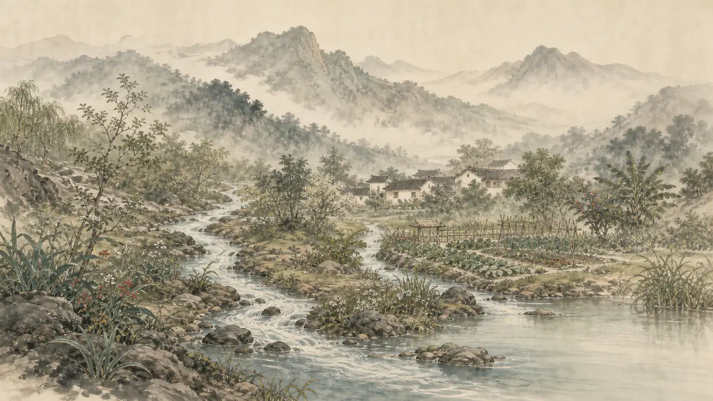 A clear stream flows through a misty mountain valley, nourishing reeds, trees, and a village garden as it settles into the low ground, illustrating 水善利万物而不争，处众人之所恶，故几于道.