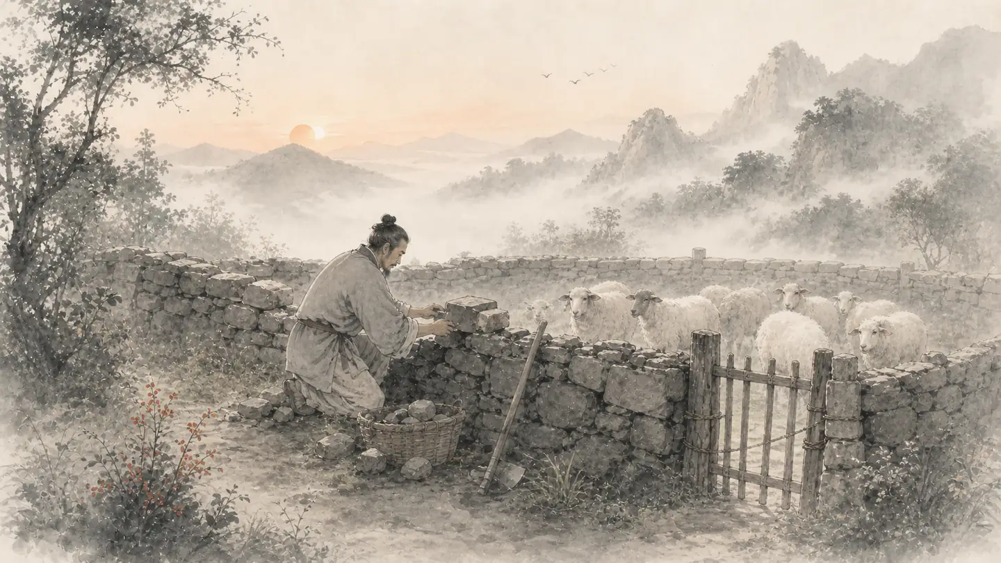 At dawn, a farmer repairs a broken sheep pen while the remaining flock stands safely inside, illustrating 亡羊补牢，为时未晚.