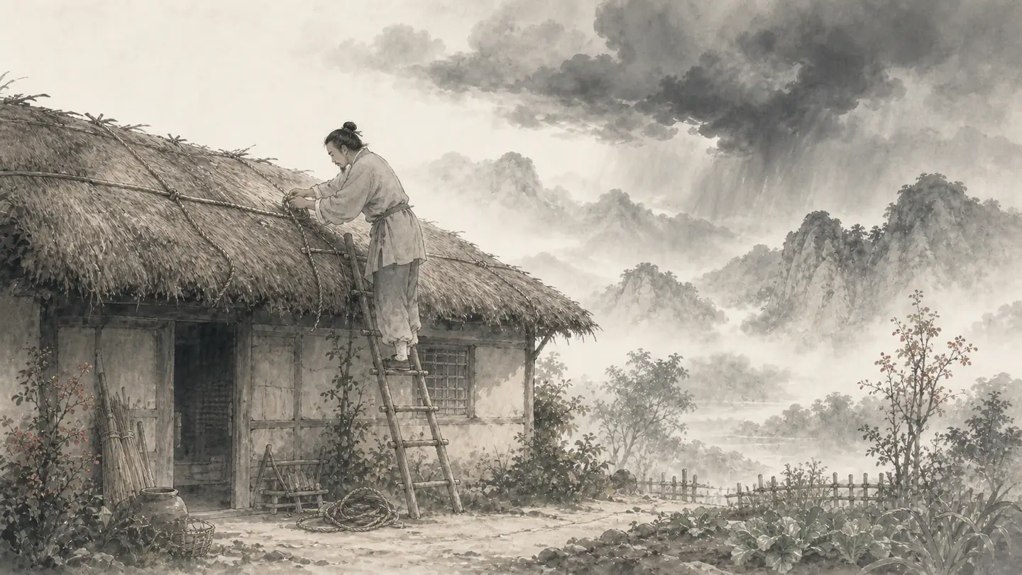 A farmer reinforces a thatched roof while storm clouds gather in the distance, illustrating 未雨绸缪.