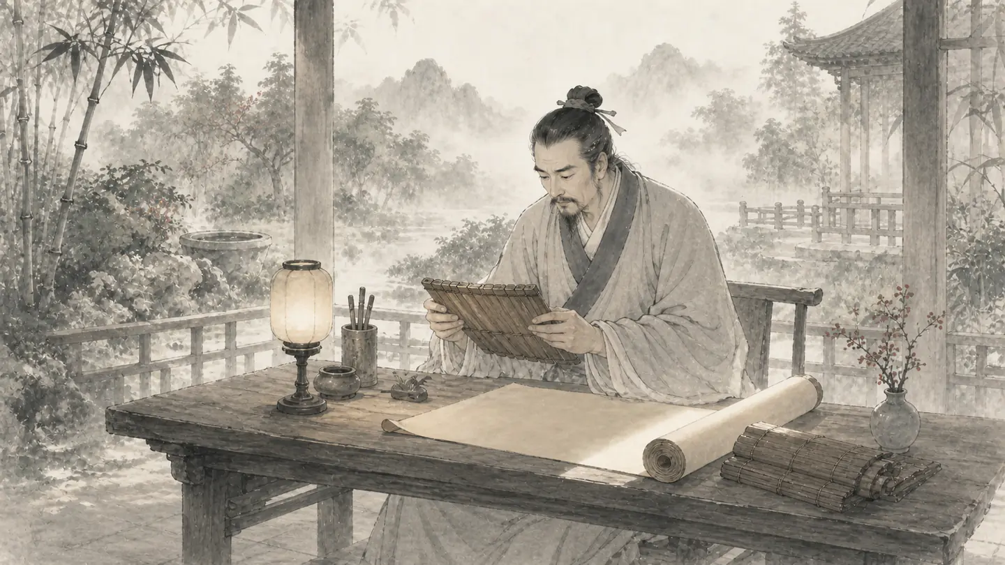 A scholar reopens old bamboo slips as morning light reveals a fresh insight, illustrating 温故而知新.