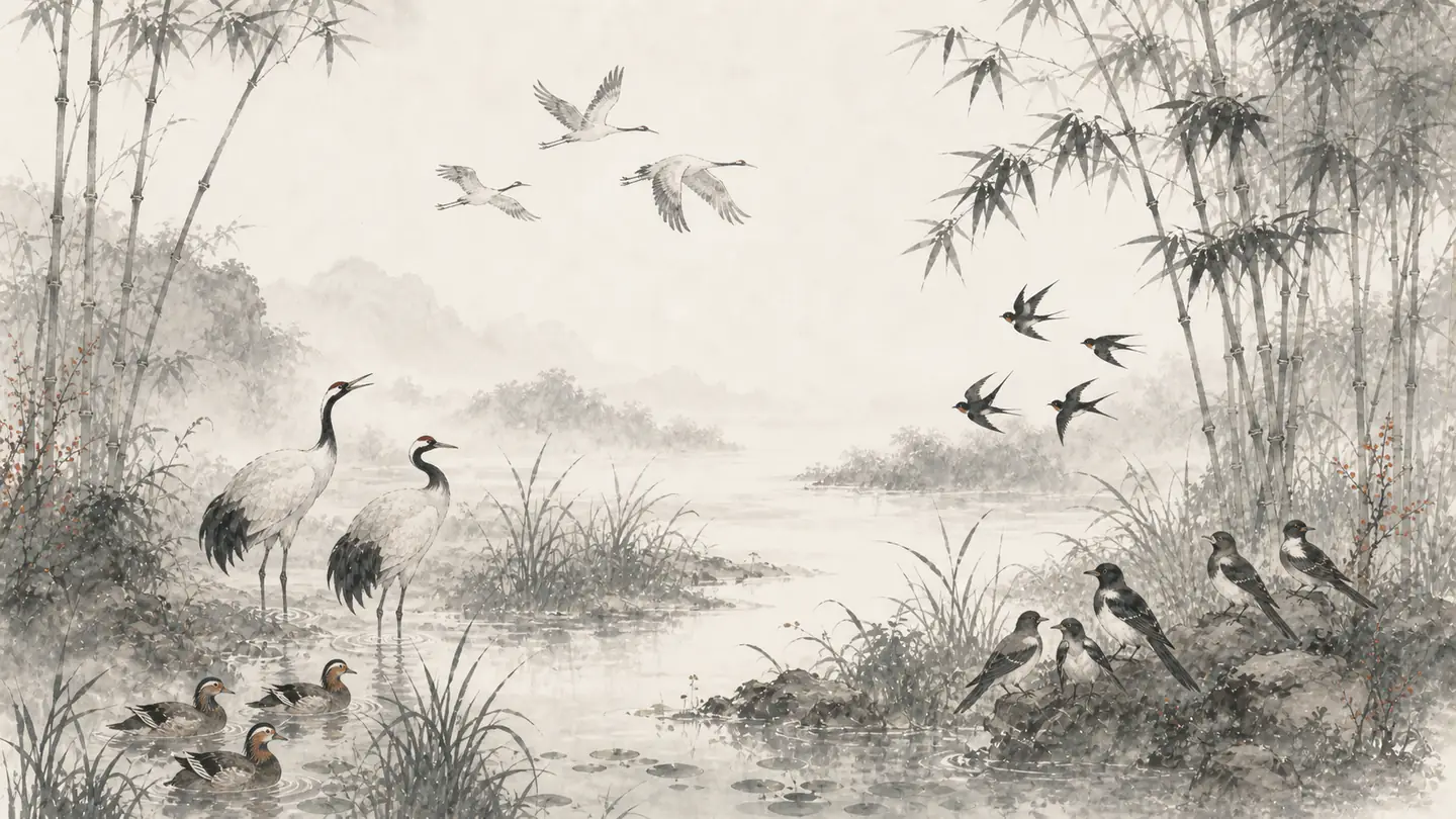 Cranes, swallows, and other birds naturally gather into distinct groups along a bamboo marsh, illustrating 物以类聚，人以群分.