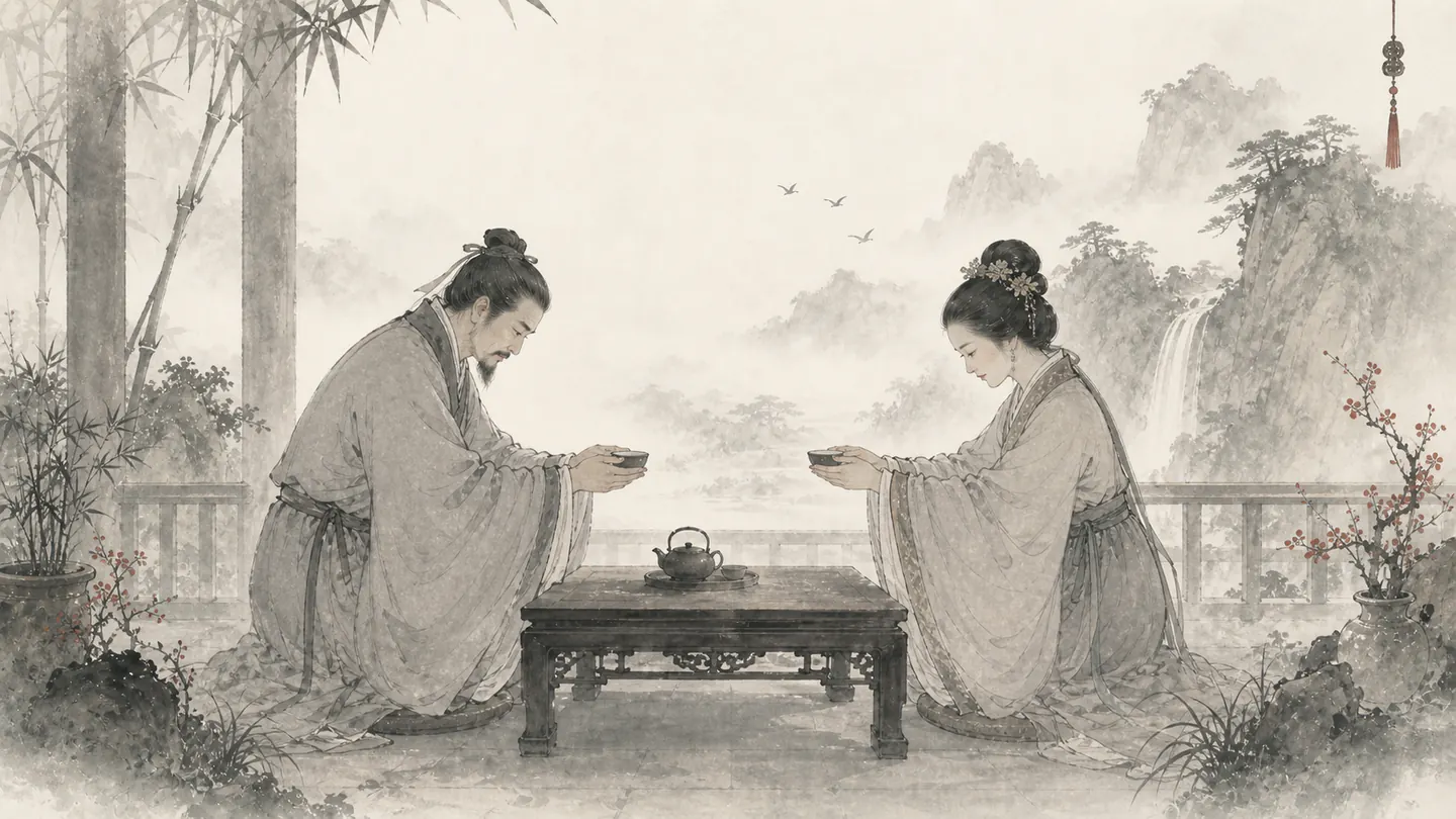 A married couple offer tea to one another with mutual bows across a small table, illustrating 相敬如宾.