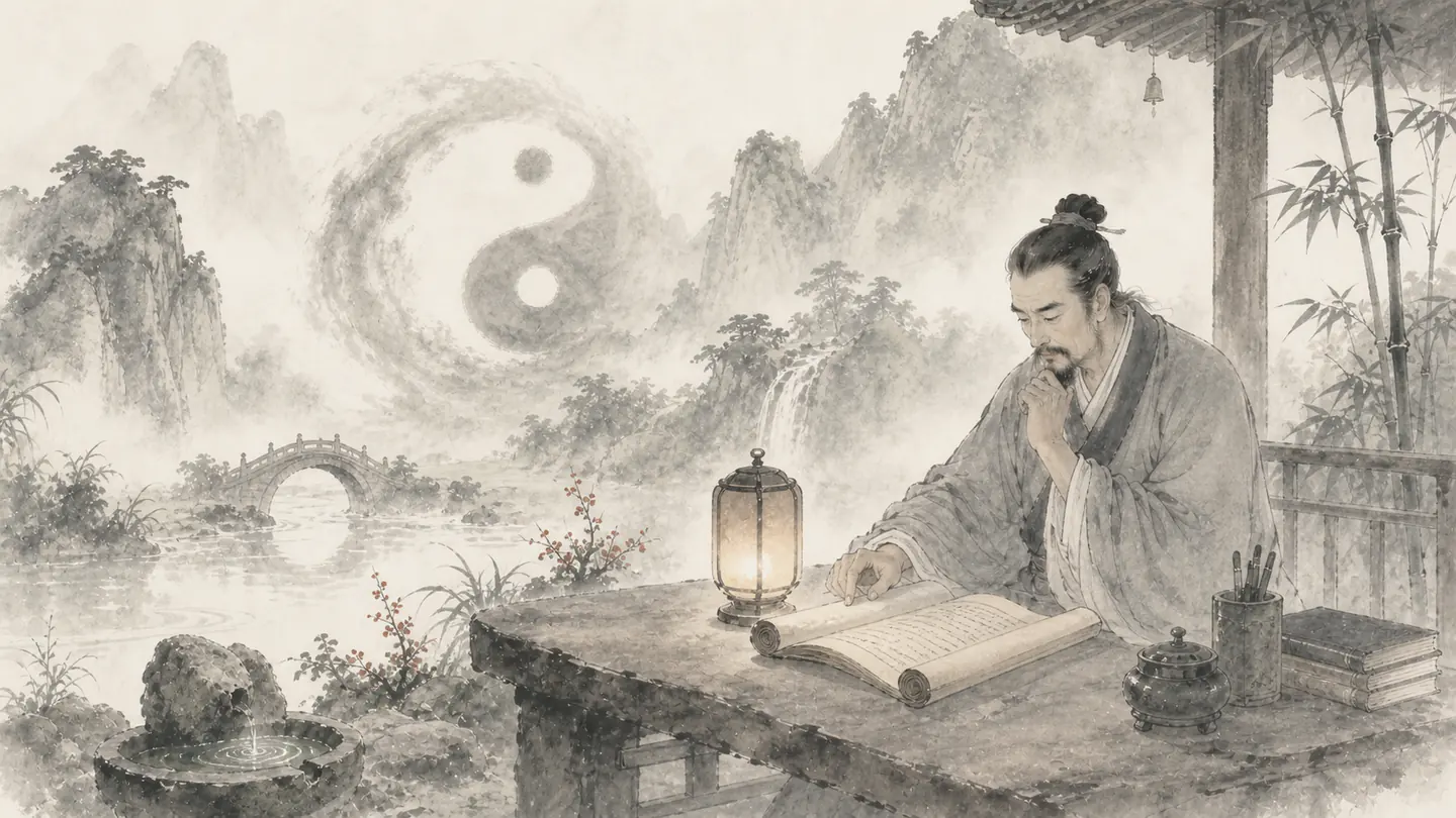 A scholar balances close reading of an open scroll with a deliberate pause for reflection, illustrating 学而不思则罔，思而不学则殆.