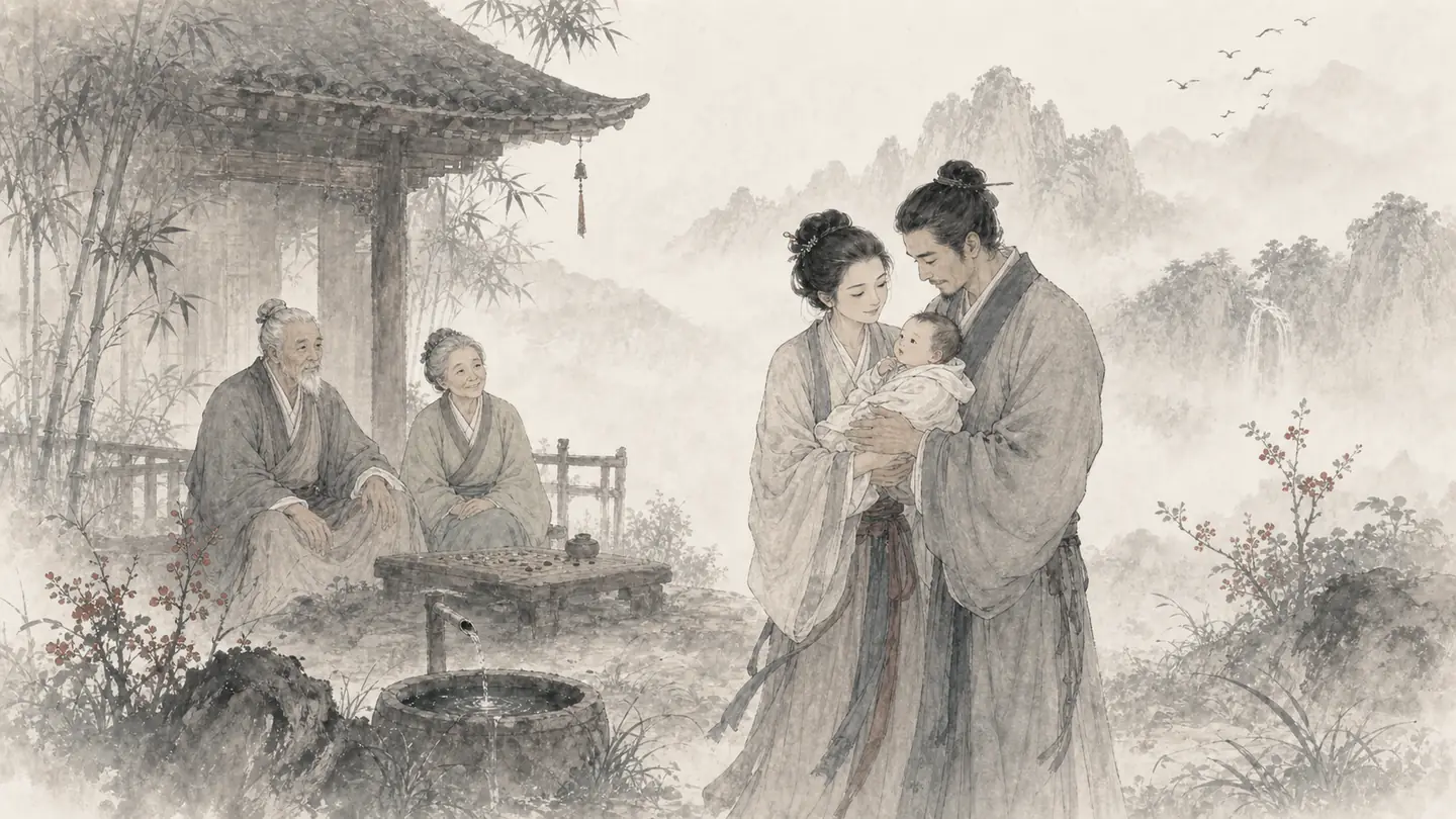 Young parents hold their child while looking with new understanding toward the grandparents, illustrating 养儿方知父母恩.
