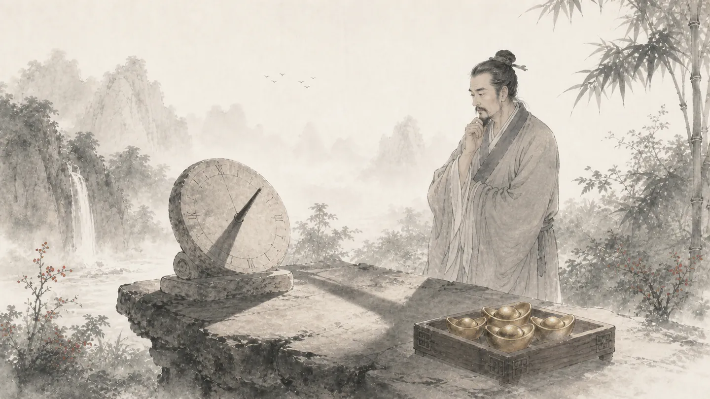 A sundial shadow keeps moving beside untouched gold ingots that cannot slow the light, illustrating 一寸光阴一寸金，寸金难买寸光阴.