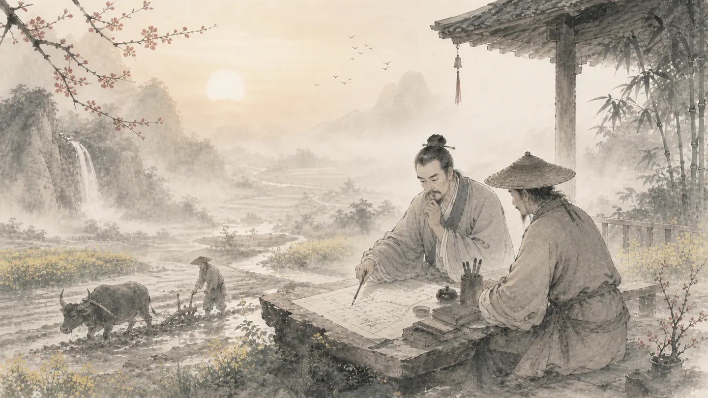 At spring dawn, a farmer and scholar make plans among new shoots in the first warm light, illustrating 一日之计在于晨，一年之计在于春.