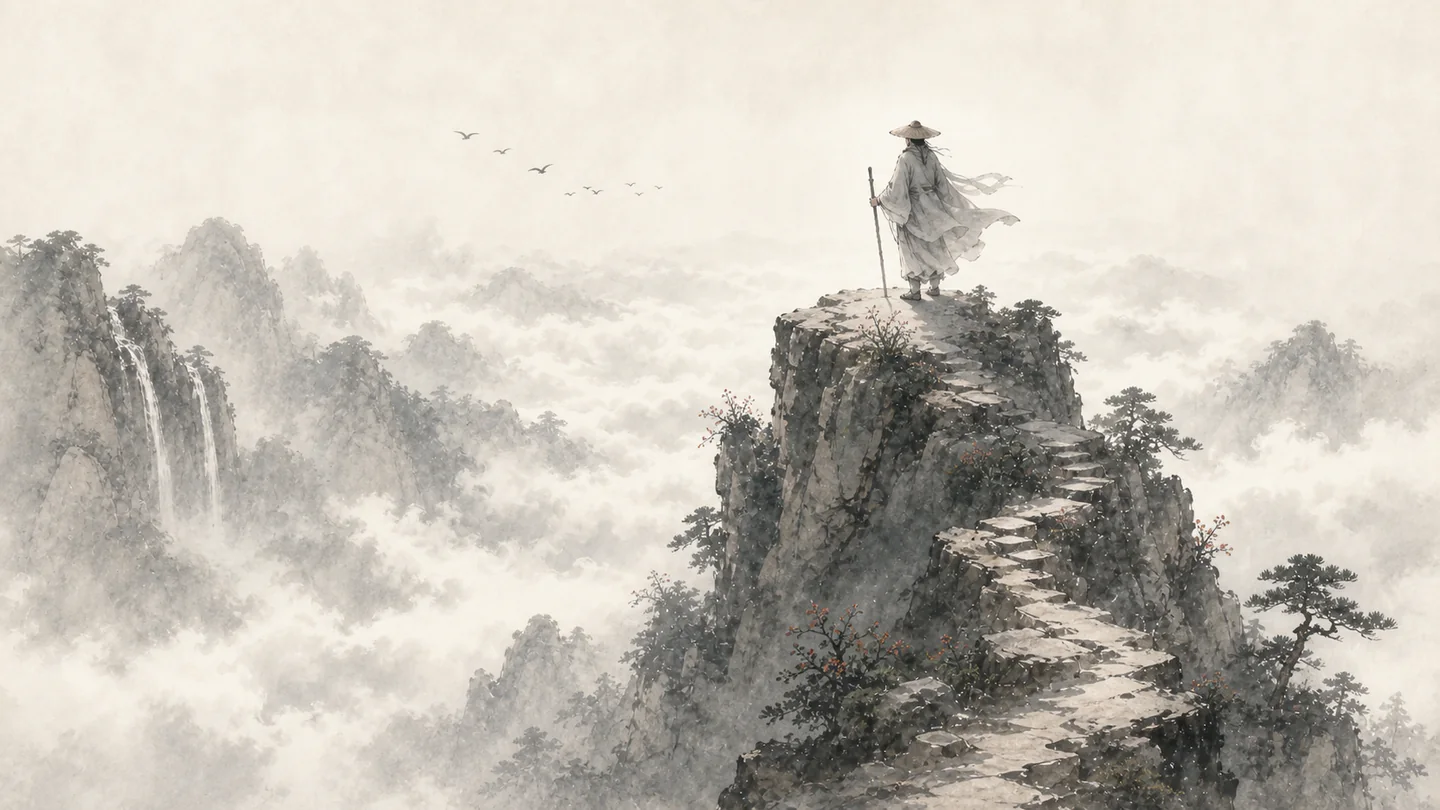 A determined climber reaches a high summit after a difficult ascent through the clouds, illustrating 有志者事竟成.