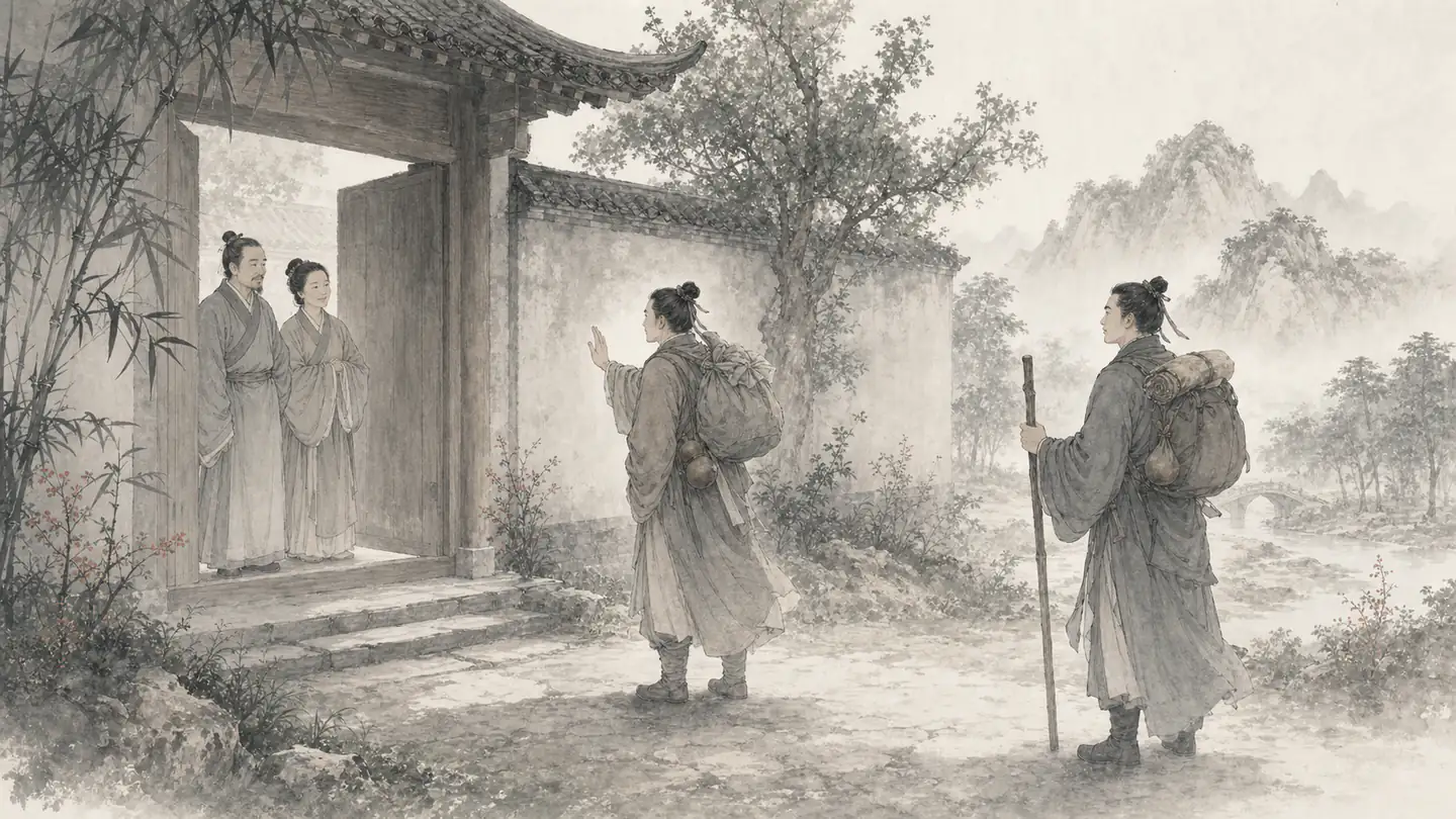 A traveler says farewell to parents inside a gate while a trusted friend waits outside, illustrating 在家靠父母,出门靠朋友.