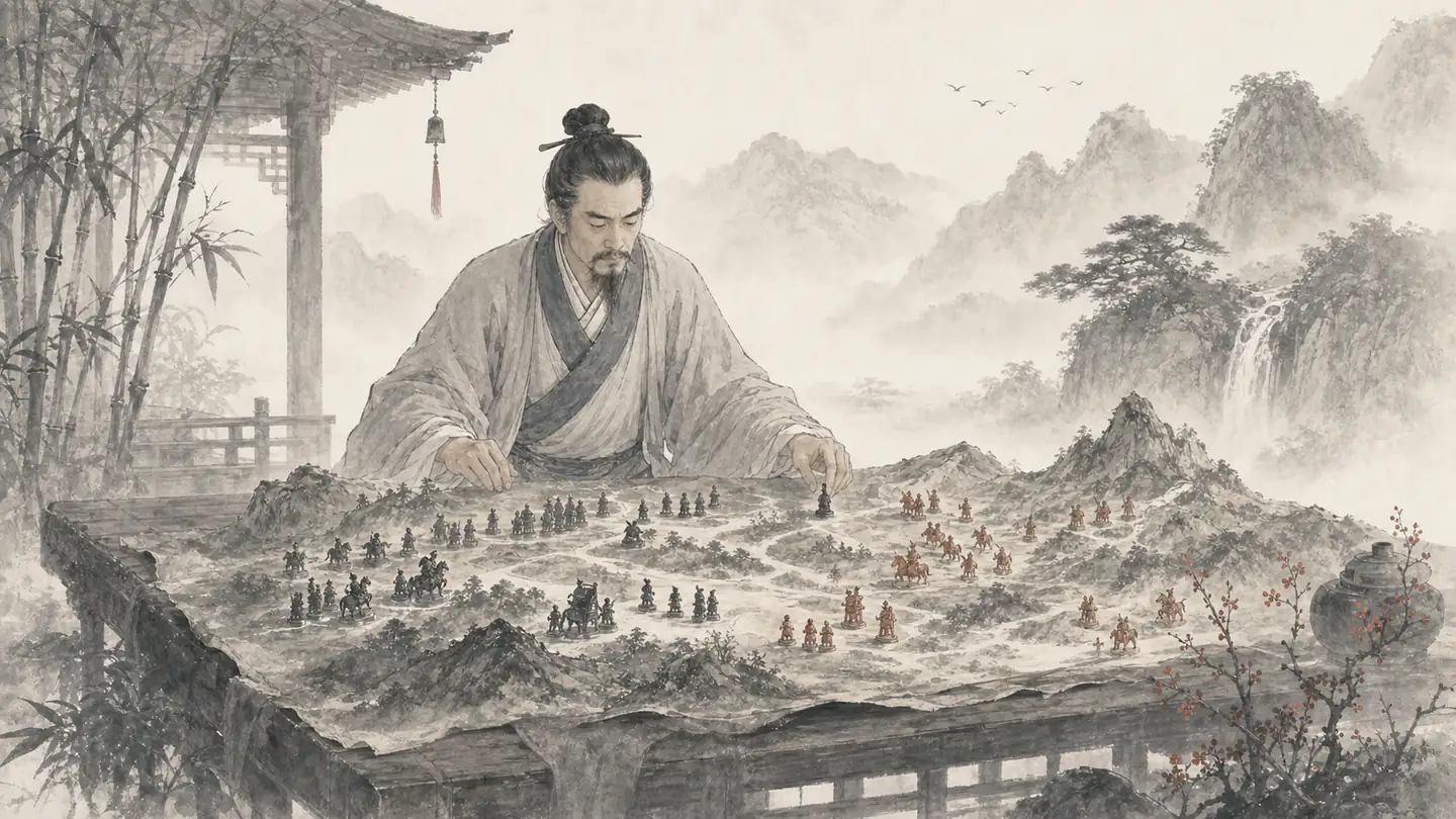 A strategist studies two opposing sets of pieces across a detailed terrain table, illustrating 知己知彼,百战不殆.