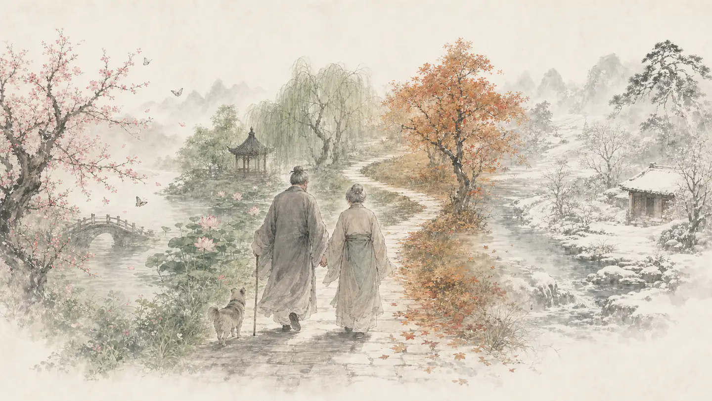 An elderly couple walk hand in hand along one path passing gently through all four seasons, illustrating 执子之手,与子偕老.