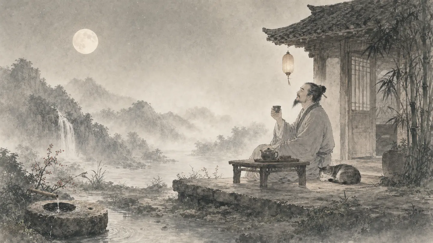 A contented scholar enjoys a simple cup of tea beside a modest cottage under the moon, illustrating 知足常乐.