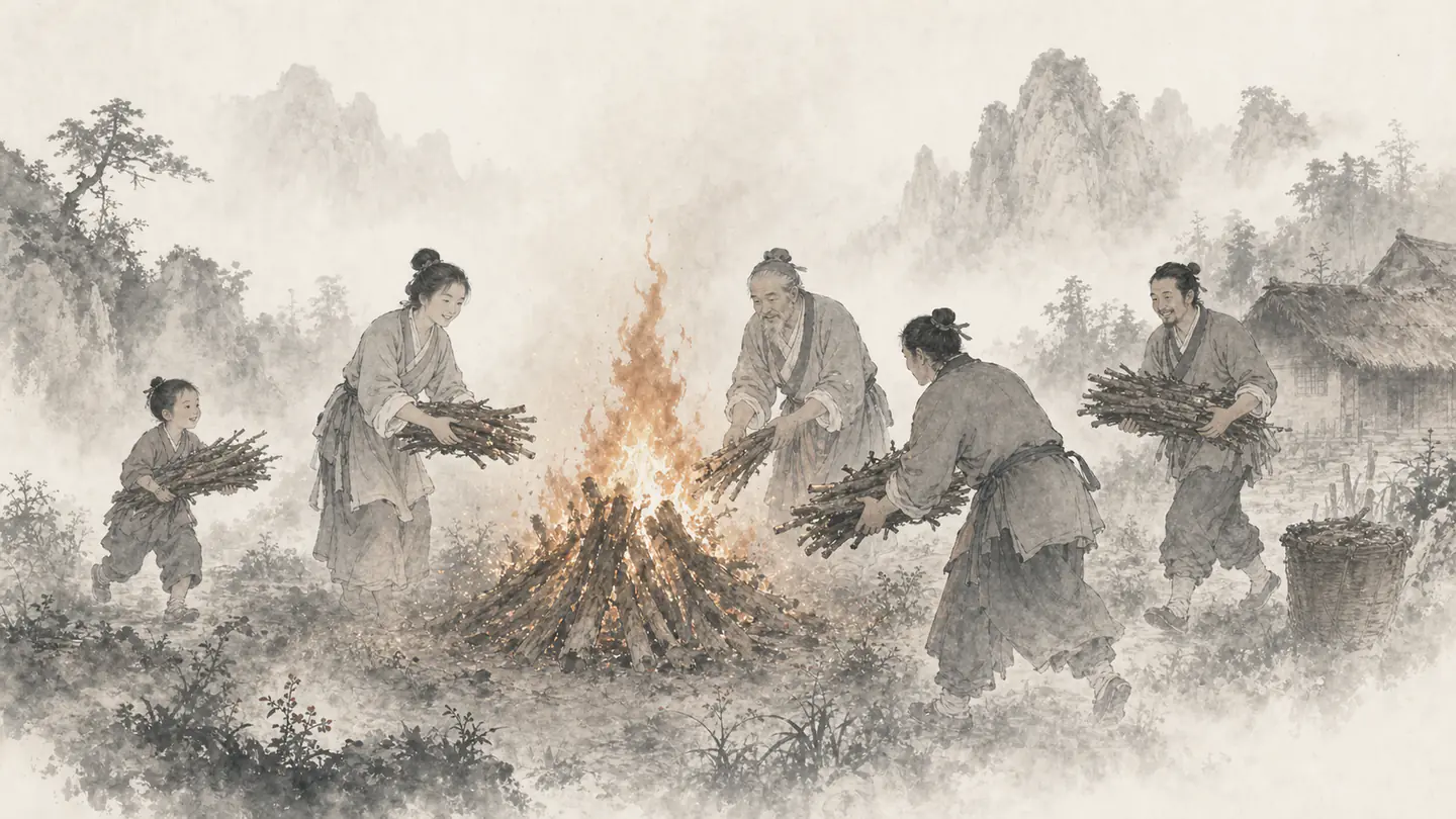 Villagers add firewood together to a rising communal flame, illustrating 众人拾柴火焰高.
